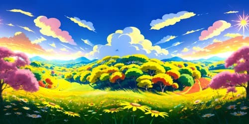 Masterpiece-quality, ultra-HD VR360, rabbit silhouette against descending sun, anime-style sunburst, backlit grass blades, vibrant, expansive sky palette.