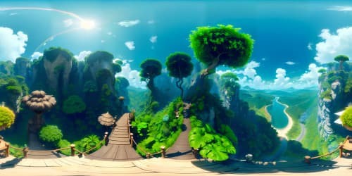 VR360 masterpiece, ultra high-res, robust wooden overlook. Lush green rainforest, abundant Pixar-like tropical flora, winding river. Brilliant blue sky, delicate billowing clouds, midday sunrays. Scene embraced by an exuberant Pixar art style.