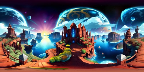 Masterpiece-quality VR360 view, saturated hues, ultra-high-resolution textures, stunning details. Crystal-clear sky, luminescent constellation patterns, celestial bodies. Luxurious, expressionist-styled clouds, radiant sunset scenario. Overarching, VR360 panorama.