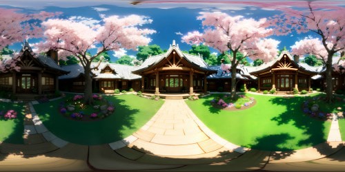 VR360 perspective of Asuna and Kirito's level 22 SAO house, high ridge vista, detailed wood beam architecture. Japanese cherry trees in full bloom, vibrant, immersive. Crisp, ultra-high-res fantasy art style, complex detailing, realm infused with luminescent magic. Encircling forest, ethereal aura, VR360 panoramic view. Semi-transparent floating islands, waterfall cascades, twinkling celestial bodies. Lush tranquility, vivid color palette