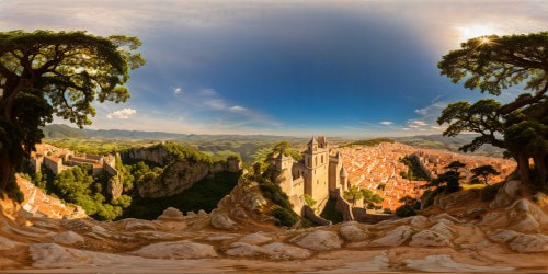 A meticulously crafted medieval cityscape in flawless ultra-high resolution, bustling market squares, towering stone walls, intricate gothic architecture, sun-kissed rooftops under a cloudless azure sky, the epitome of artistic perfection.