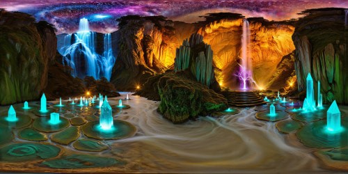 A mesmerizing witches' paradise realm existing in an alternate dimension, with towering crystal spires, bioluminescent flora casting an ethereal glow, cascading waterfalls of liquid silver, swirling iridescent skies, and a labyrinth of glowing runic symbols etched into ancient stones, all crafted in breathtaking hyper-realistic ultra-high resolution.