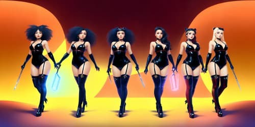 four african american women_wearing dark red metallic leotards_and black thigh high boots_they are carrying large hammers_