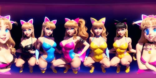 best quality, masterpiece, ultra high res,five 40 year old princesses_wearing pink leotards_wearing gold hoop earrings_wearing red lip gloss_one has blue eyes_two of them are blonde_they are squatting_spread_arms above their heads_close up of armpit_ cat ears , ripped bikini. smile girl.