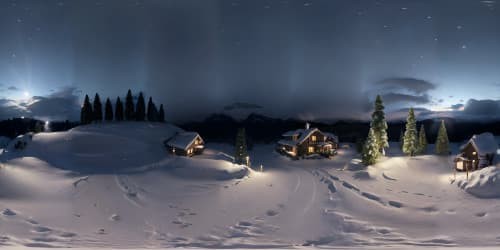 snow capped mountain top during a blizzard at night with distant evergreen trees