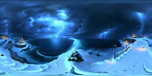 endless frozen ocean at night with thunder and lightning storm and large crashing waves