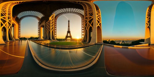 Grand and awe-inspiring futuristic cityscape of Paris in 2024, towering skyscrapers shimmering under a flawless sunset, state-of-the-art Olympic stadium gleaming in the distance, ultra high-definition, a true masterpiece of architectural detail and precision.