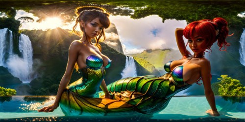 A flawless, towering waterfall cascading into a crystal-clear pool in a lush tropical rainforest, sunlight filtering through dense foliage, reflecting off droplets, creating a shimmering iridescent display.