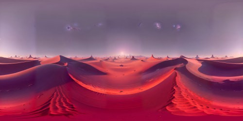 Desert masterpiece, digital paint style, alien terrain expansiveness. Early evening gleam, VR360 surreal dunes, ultra high-res flora silhouettes. VR360 alien horizon, pinks in sky, uncharted expanse in Pixar-like tranquility. Oceanic horizon encircling, mirage-like clarity, unmatched fidelity.