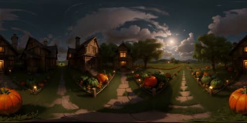 infinite corn field at night with pumpkins and scarecrows viewed from the sky