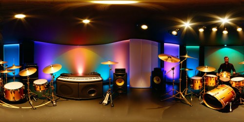 An immaculate, state-of-the-art music studio bathed in warm ambient lighting, showcasing a gleaming drum set standing majestically under multi-colored LED lights, an audiovisual marvel in 8K grandeur.