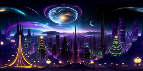 VR360 masterpiece, ultra-high resolution details, exquisite visual richness. Neon metropolis, towering glass skyscrapers, mesmerizing morphing digital art billboards. Cosmic backdrop, starlit constellations, moonlit VR360 panorama. Sleek, cyberpunk aesthetic, vivid hues, intricate detailing.