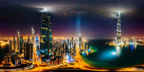 A futuristic city at night, boasting flawless, gleaming skyscrapers emitting vibrant, luminous lights from their summits amidst a sea of perfect darkness, a visually stunning 8K ultra high-res urban masterpiece.