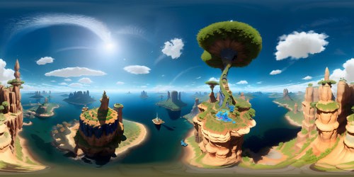 Monumental marble statues, ultra high res textures, VR360. Extravagant golden trim detailing, mixed fine art and digital painting aesthetic. Sunlit, cobalt blue sky, fluffy clouds. VR360 panoramic view of baroque architecture.