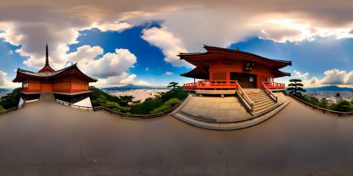 VR360: Kyoto vista, Kiyomizu-dera perch, ultra high-res, masterpiece quality. Spherical panorama, electrifying blue sky, plump, cotton-like clouds. A dash of the iconic red Koyasu pagoda, right-aligned. Classic anime style, intense color contrasts, thick lines. VR360: Minimal foreground, unobstructed, panoramic view immersion.