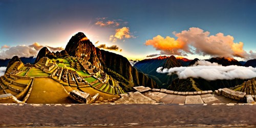 A grand, intricately detailed cityscape of Machu Picchu at golden hour, sprawling terraces, ancient stone structures bathed in warm sunlight, breathtaking views of the Andes, flawless 8K resolution capturing every texture and shadow.