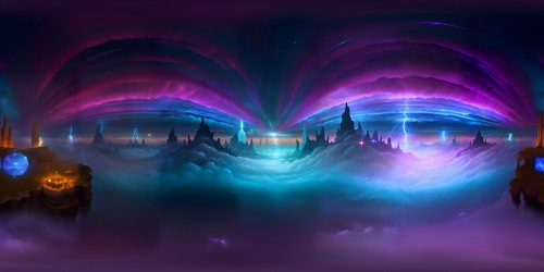 VR360 grandeur spectacle, dramatic thunderstorm, illuminating flashes of lightning, tumultuous cloud formations. Masterpiece, ultra-high resolution, detailed cloud textures, vivid, electric blues and purples. Intense, vibrant VR360 storm scene, ultimate quality, exquisite digital painting.