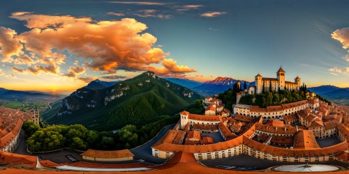 A breathtaking, flawless, ultra-high-resolution depiction of Monselice's ancient city center, showcasing enchanting medieval edifices, bustling markets, and sun-kissed terracotta rooftops sparkling under the golden glow of an Italian sunset, all framed by the regal silhouette of the majestic Alps looming in the distance - an immaculate masterpiece rich in immense, intricate detail.