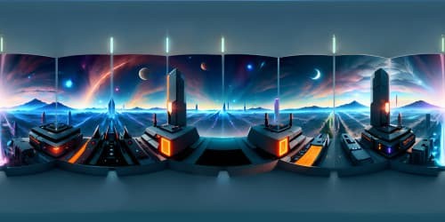 VR360 star-studded evening vista, futuristic cityscape silhouette. Ultra high-res, detailed textures. Masterpiece quality, radiant neon accents illuminating monolithic structures. Best quality detailing, VR360 perception of infinite, starlit city skyline.