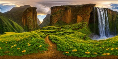 A breathtaking, vast highlands landscape in Ethiopia, showcasing terraced lush green valleys, cascading waterfalls, towering cliffs under a golden sunrise, punctuated with vibrant wildflower fields and dramatic cloud formations.