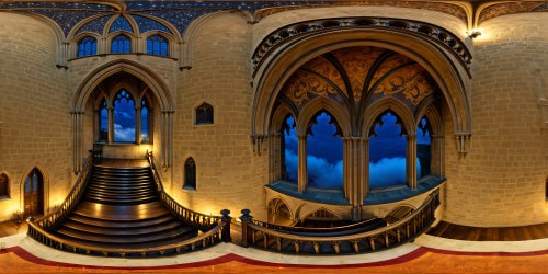 Within the extraordinary interior of Hogwarts Castle, experience a flawless masterpiece in ultra-high resolution, revealing intricate elements like moving staircases, shifting portraits, flickering torches, grand halls lined with ancient tapestries, and a celestial ceiling reflecting a breathtaking night sky.