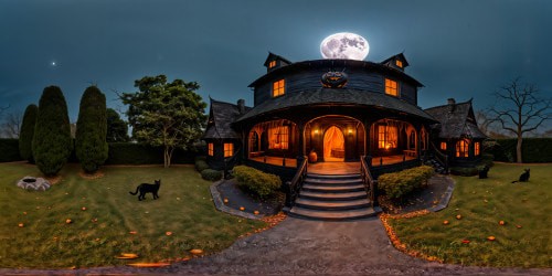 Halloween haunted house full Moon ghosts greyard black cat etcétera 