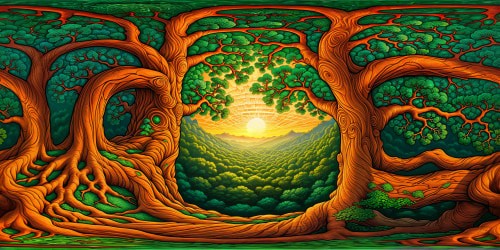 Majestic ancient oak tree in a pristine enchanted forest, dappled sunbeams filtering through lush emerald leaves, rich textures of weathered bark in flawless detail, set under a golden hour sky, an artistic marvel in incredible detail.