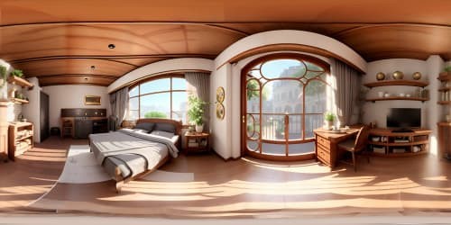 Quaint café setting, cobblestone streets, delicate wrought-iron furniture, pastry display, vintage signage. Style: Ultra high-res masterpiece, impeccable texture detail, painterly light effects. VR360 scene, immersive coffee aroma illusion, cool morning aesthetic. VR360-grade urban tranquility, artistic finesse.