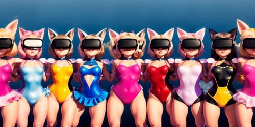 five 40 year old princesses_wearing pink leotards_one has blue eyes_two of the are blonde_they are squatting_spread_arms above their heads_close up of armpit_ cat ears