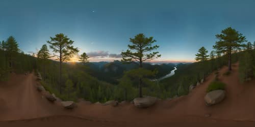 Masterpiece VR360 panorama, ultra-high-definition. Subtle lodge silhouette, dawn breaking majestically. Virgin snowcaps, contrastive emerald forest stretch. Minimalist artistry, strong dynamic lines.