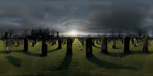 Masterpiece quality, ultra-high resolution, ominous VR360 panorama. Decaying gravestones punctuating the expanse, crypts shrouded in darkness, ethereal VR360 fog tinging horizon with mystery. Eerie necropolis, imbued with chilling beauty. Night's embrace, spectral mist seeping into the scene, saturating earth in chilling enigma. Skyview, hillside perspective.