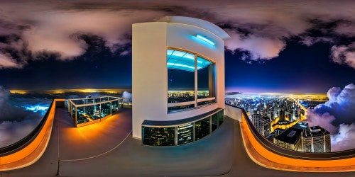 A flawlessly crafted ultra-high-resolution image showcasing a panoramic balcony view of a bustling city at night, illuminated by a mesmerizing array of neon lights, casting a vibrant and electrifying glow across the urban landscape.