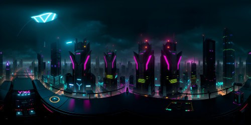 Cyberpunk cityscape at dawn, VR360 view, ultra high-resolution 4K. Neon-lit skyscrapers, glistening rain, luminescent reflections on wet surfaces. VR360 immersion, low-hanging, vibrant clouds, rays of emerging sunlight. Style: masterful blend of cyberpunk aesthetics, splashes of vibrant color, noir undertones.