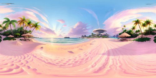 VR360 tropical beach masterpiece, powdery white sand, rolling waves fringed with frothy white foam, towering palm tree silhouettes, VR360 pastel-hued sunset sky. Pink swimsuits, not in focus, strewn along the shore, adding Pixar-style flavor to the ultra high-res scene.