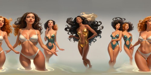 In an ultra-high resolution VR360 masterpiece, multiple models stand in a captivating line-up, showcasing supple skin details and captivating curves under soft, magazine-inspired lighting that illuminates their full figures with a proud glow, immersing viewers in an exploration of idealized shapes and forms. This scene radiates full-bodied elegance and meticulous attention to detail, designed to be a profound and stunning artistic experience.