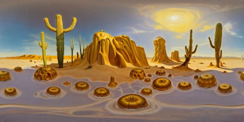 Vast Salvador Dali-inspired desert landscape, melting clocks draped over twisted cacti, surreal elephants on stilt legs, golden sands scattered with warped bread loaves, high resolution capturing every bizarre detail in this uncanny masterpiece.