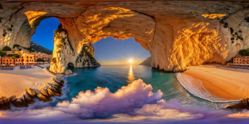 Flawless Mediterranean coastline at golden hour, crystal-clear waters lapping on pristine sandy shores, vibrant seaside village nestled against towering cliffs, under a sky painted with hues of flaming tangerine and lilac, captured in breathtaking ultra-high resolution.