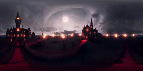 VR360, blood-red moon, pitch-black sky. Cobalt clouds, wisps, ethereal. Red-clad vampire, porcelain skin, misty ambiance. Gothic architecture, ominous vibe. VR360, ultra-high-resolution, digital painting style. Top-tier details, visual masterpiece.