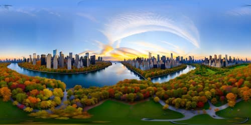 VR360 ultra-high resolution, masterful depiction, fall colors skyview over Central Park at night, NYC skyscrapers skyline contrasting, vibrant autumnal hues, VR360 immersive panoramic display, precision detailing.