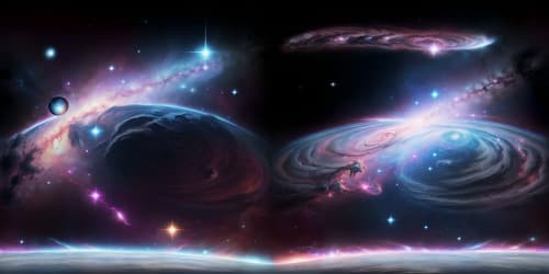 VR360 scene, ultra high-res, masterpiece quality. Pink nebula, star clusters formation resembling leotards. Dual blonde comets, blue-eyed nebula focus. Squatting constellation, arms-up galaxy formation. Cat ear-shaped cosmic entities. Minimal foreground.