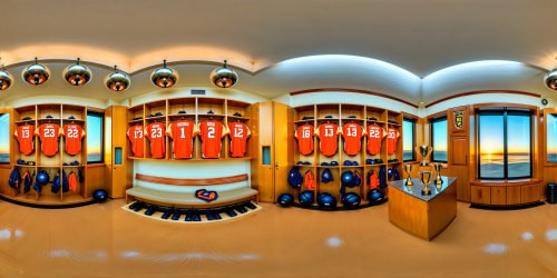 Skillfully crafted, a state-of-the-art locker room adorned with polished equipment and gleaming trophies, bathed in the warm golden glow of a setting sun, perfectly capturing the essence of camaraderie, dedication, and victory in every gleaming detail.