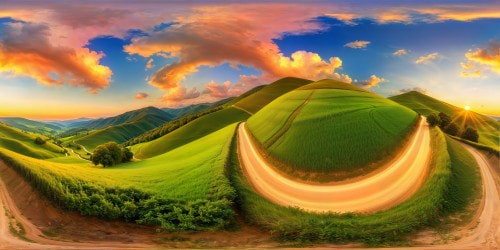 Stunning countryside vista resembling a dynamic oil painting in ultra-high resolution, rolling hills bathed in golden sunlight, vibrant colors blending seamlessly with meticulous brushwork, picturesque winding path leading through a flawless pastoral scene.