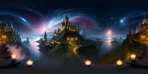 Masterpiece quality, ultra-high resolution, Hogwarts castle silhouette, ethereal wisps of magic, floating candles, luminescent spell symbols. Style: Combination of realist art and fantasy, Hogwarts under star-streaked night sky, VR360.