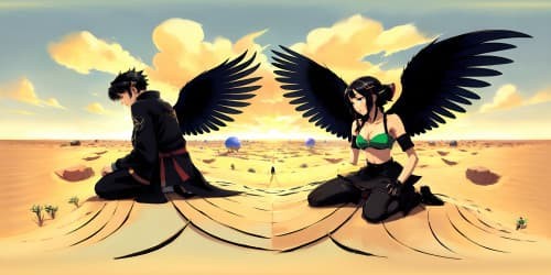 a man with HUGE black-feather wings (kneel down on desert ground) DIM environment 