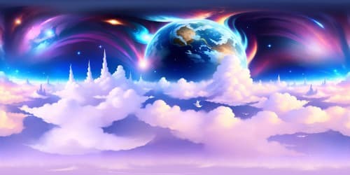 Masterpiece, VR360, ultra-high resolution visuals, surreal art style, love-themed patterns, no foreground elements, grand skylines, dreamy clouds, twinkling stars, vibrant colors, faint heart-shaped nebulae, soft gradient hues, fantasy elements integrated, white doves in flight.