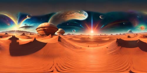 Ultra high resolution, Tatooine town from Star Wars saga, VR360 view of twin suns setting, dust-covered buildings, fantasy art style, interstellar masterpiece, VR360 panoramic display of dune sea, distant horizons