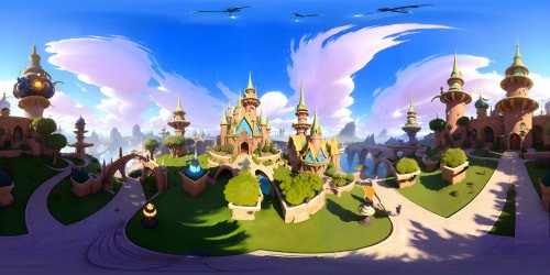 VR360 whimsical cityscape, towering cat sculptures, intricate feline-inspired architecture. Pastel-hued, Pixar-style. Silk-like clouds, cotton-candy sunsets. Ultra-high resolution, VR360 masterpiece quality, enchantingly detailed. Cat-themed world, grandeur, fantasy realism.