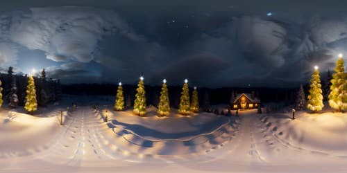Moonlit night, snowy landscape, pristine snowflakes in VR360. Christmas tree forest, densely glowing lights, ultra high-res for an impeccable VR360 experience. Flawless, masterpiece quality, heightened emphasis on detail.
