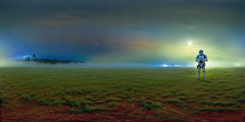 A clone trooper standing in an open field under a foggy night sky.