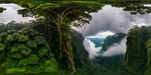 A pristine, flawless rainforest drenched in a cascading downpour, dense emerald canopy, shimmering raindrops on leaves, misty atmosphere, ultra high resolution, a nature photography masterpiece.